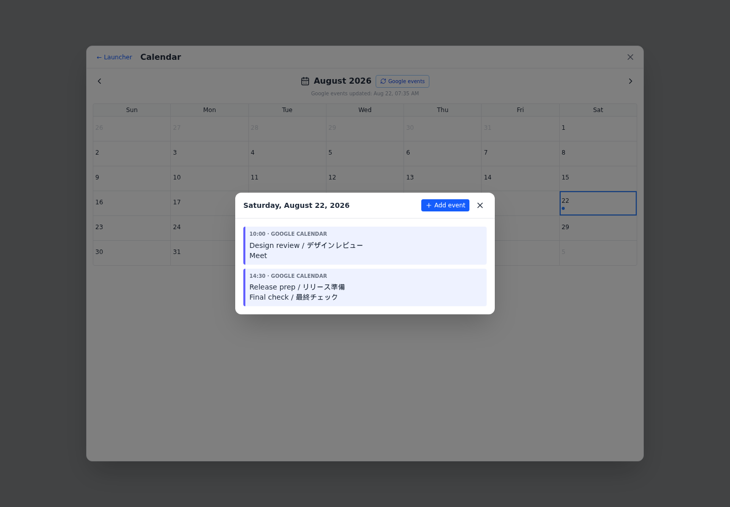 Calendar day modal opened from the Launcher