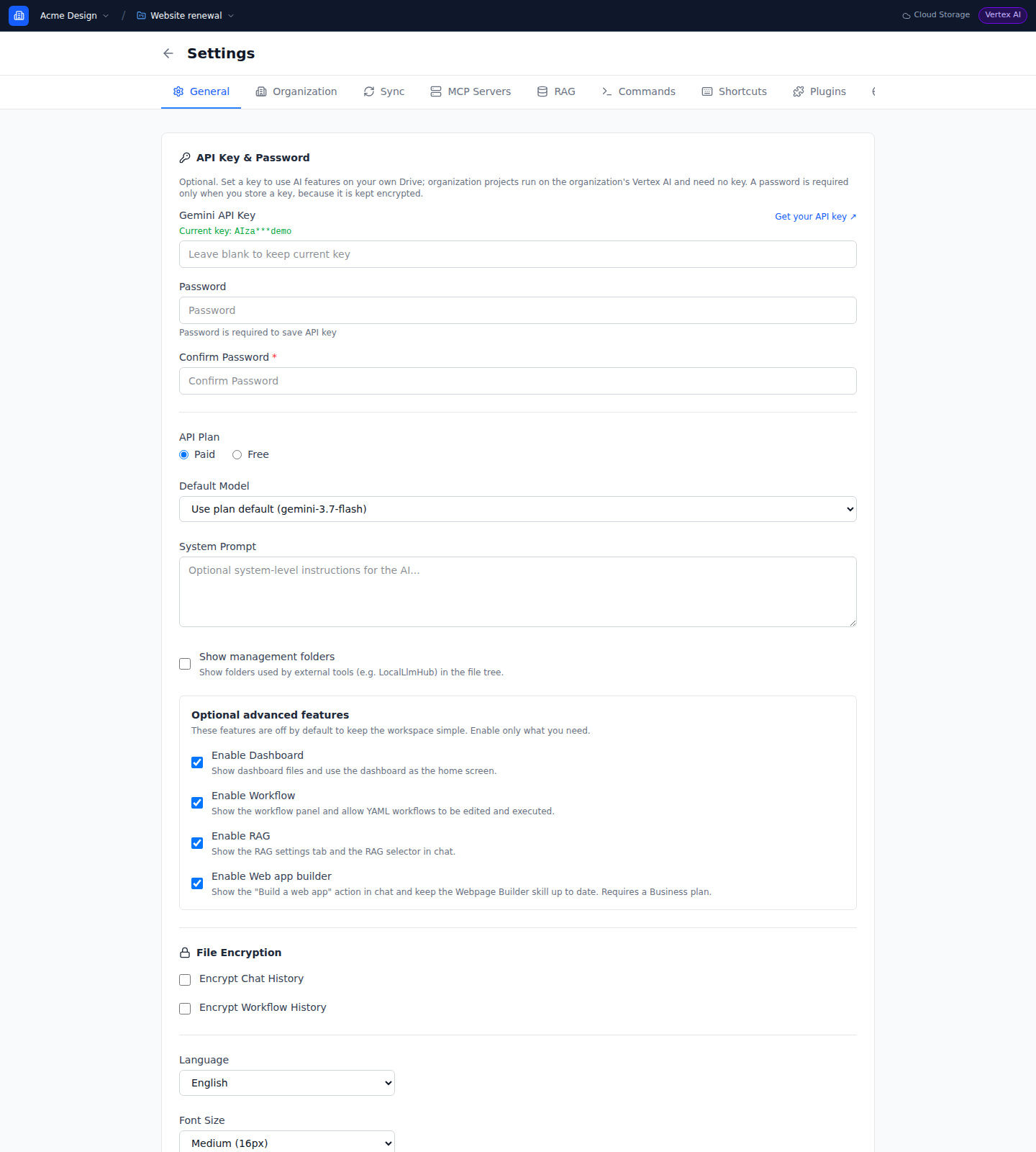 Organization project selected in the workspace header
