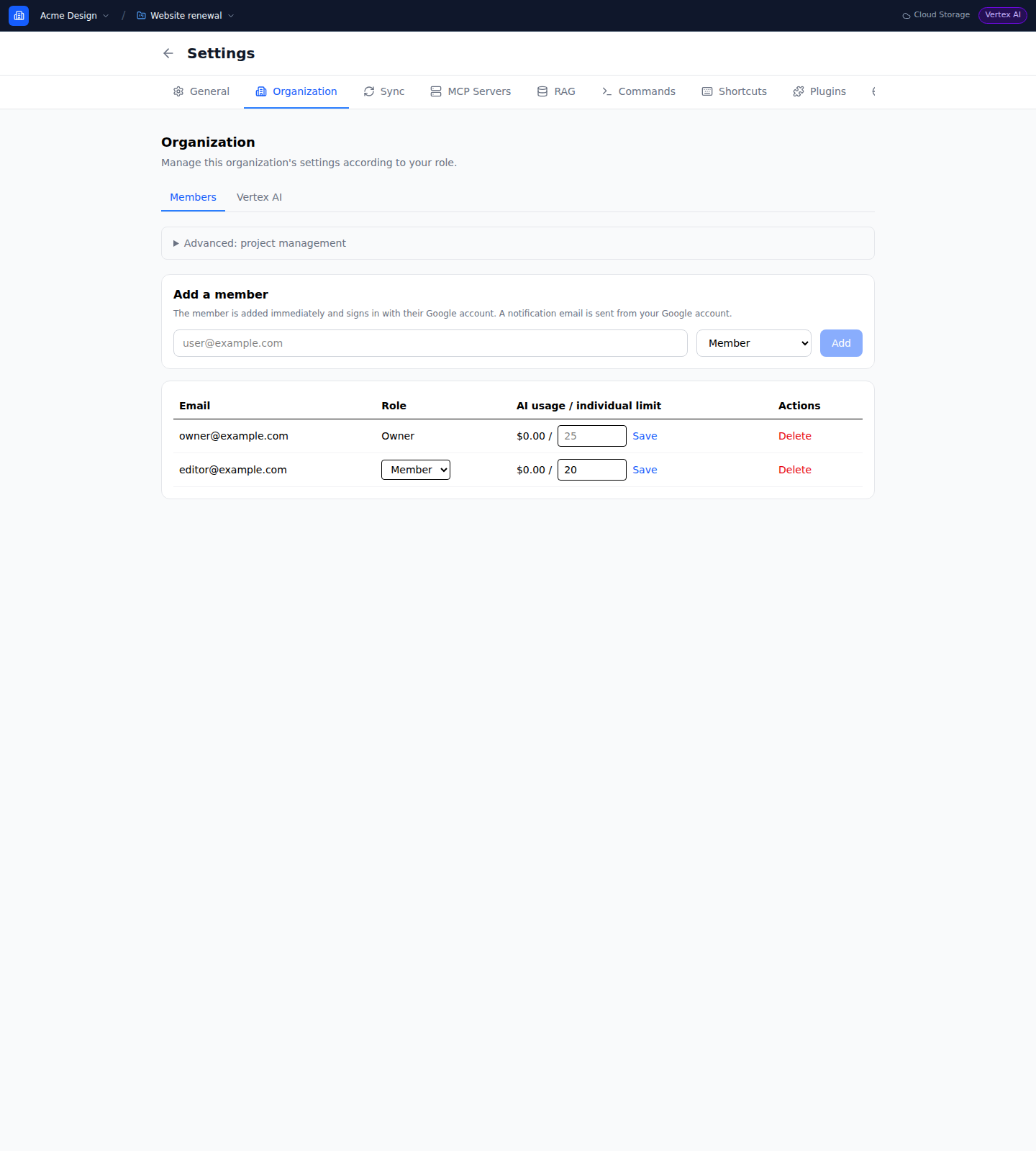 Organization member management settings