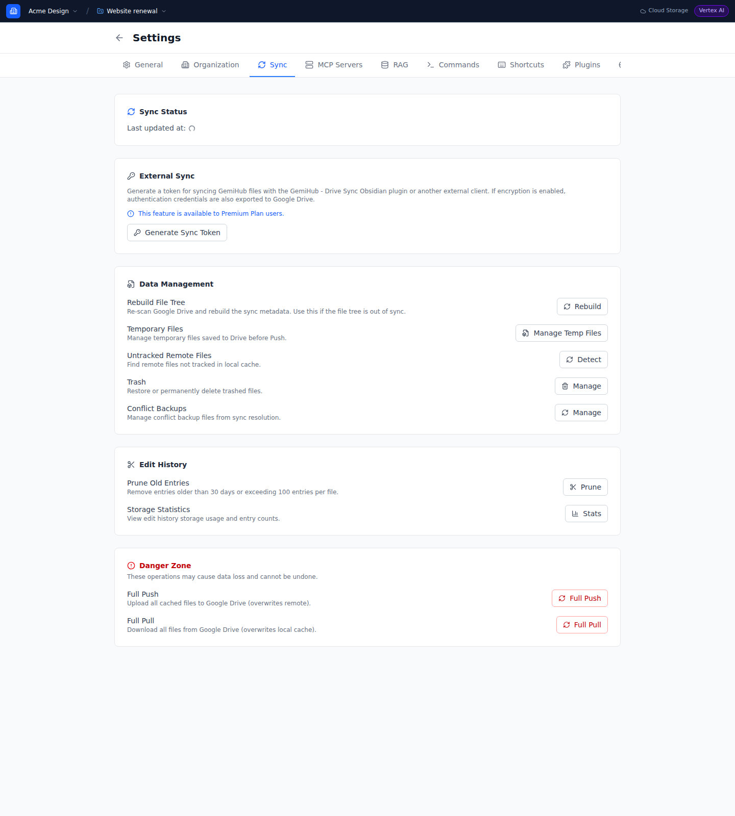 Sync settings inside an organization project