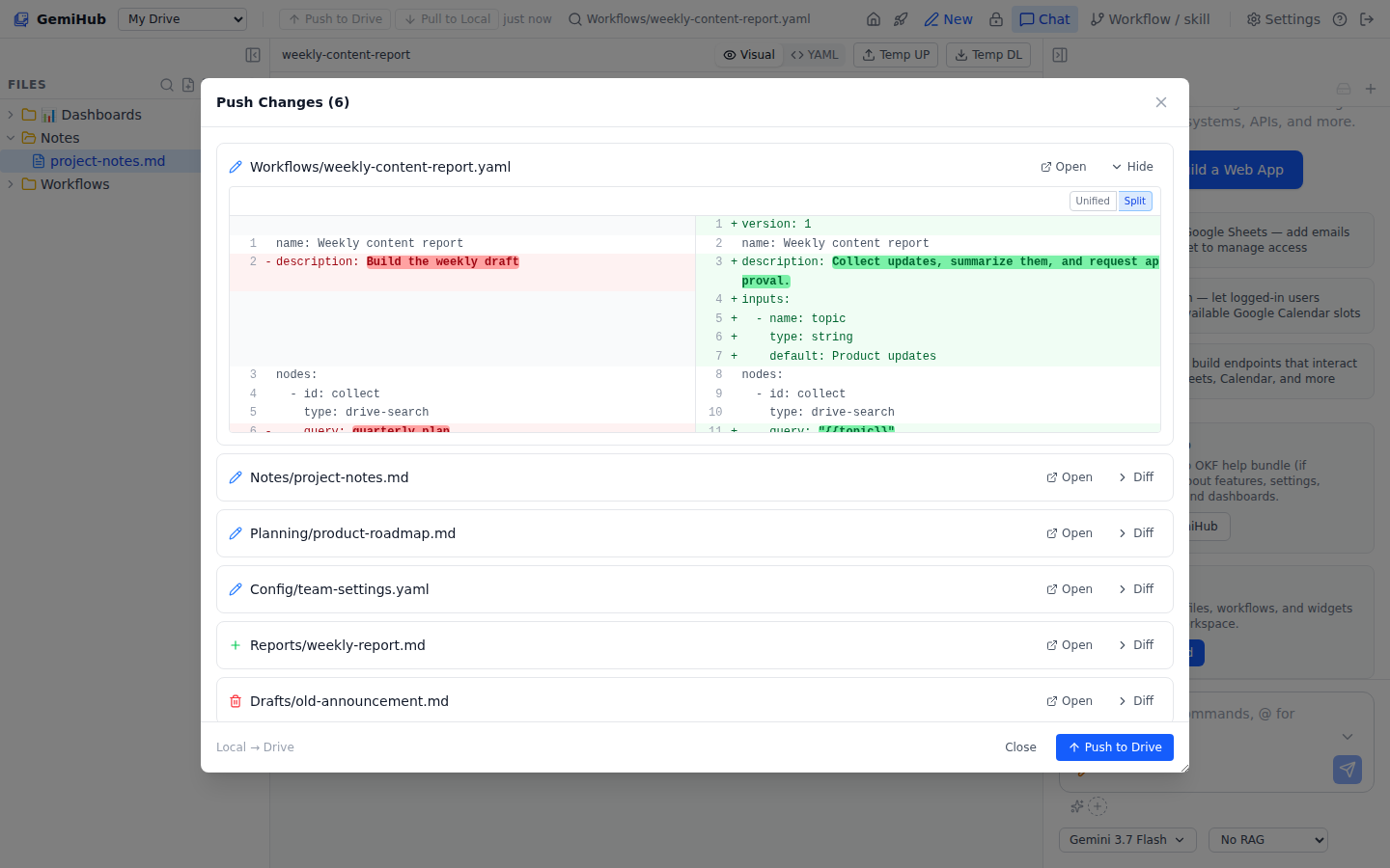 Push changes list in the IDE