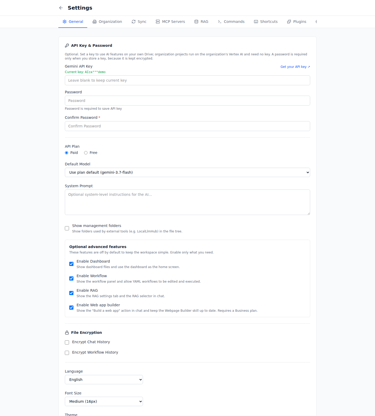 General settings with encryption
